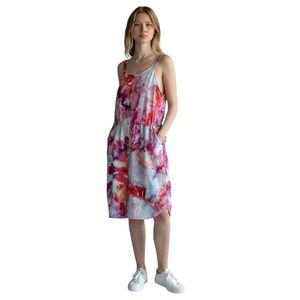 Old Navy Medium Dress Handmade Tie Dye Linen Button Front Pockets Pink Boho 1750